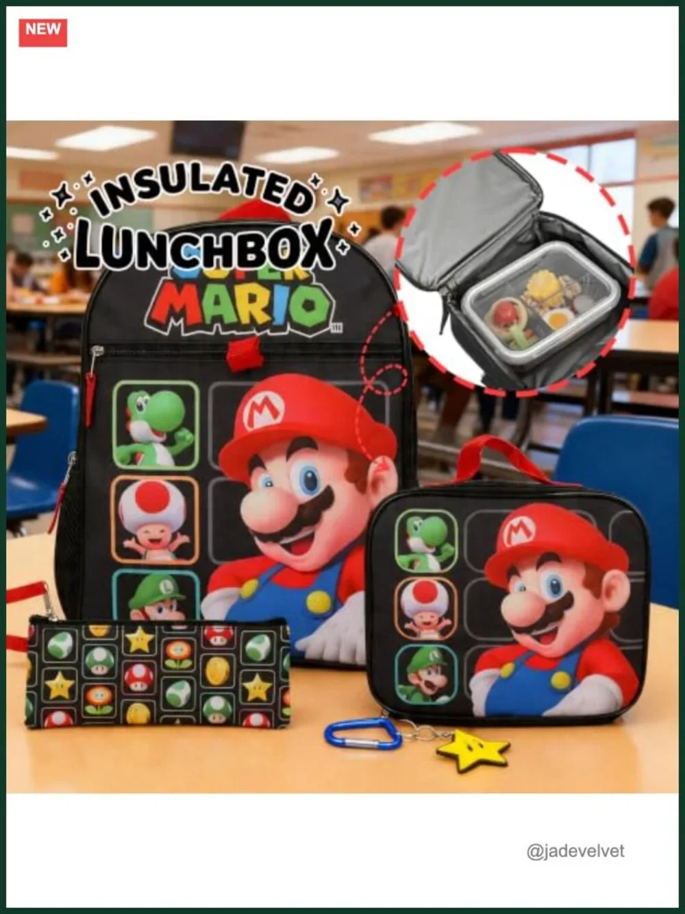 Super Mario Bros Character Grid Backpack 5-Piece Set Kids Lunch Bag Pencil Case